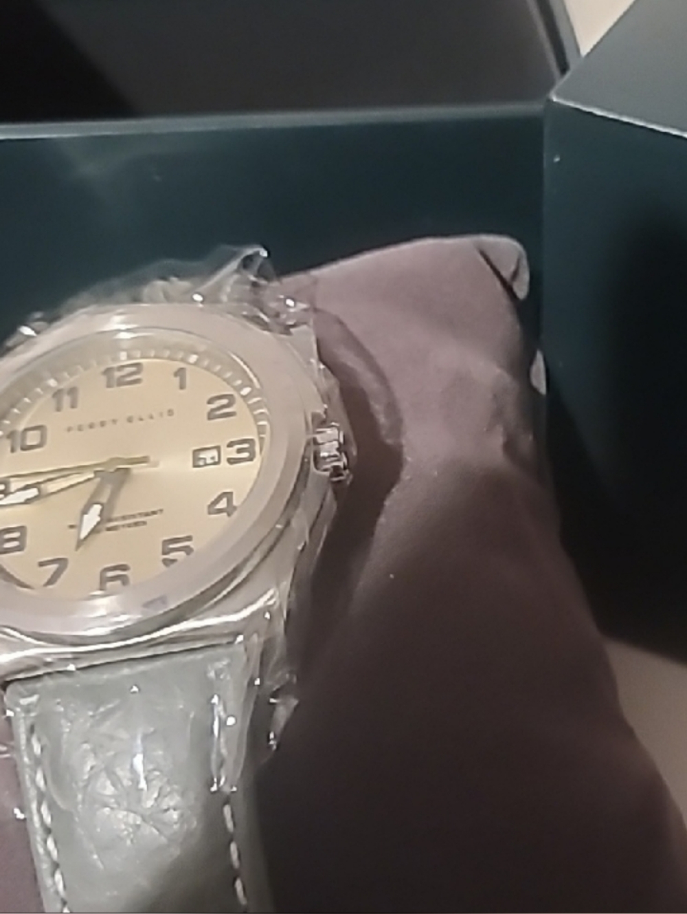Perry Ellis Silver Case w Pewter Face & Dial Watch with Light Gray Leather Strap